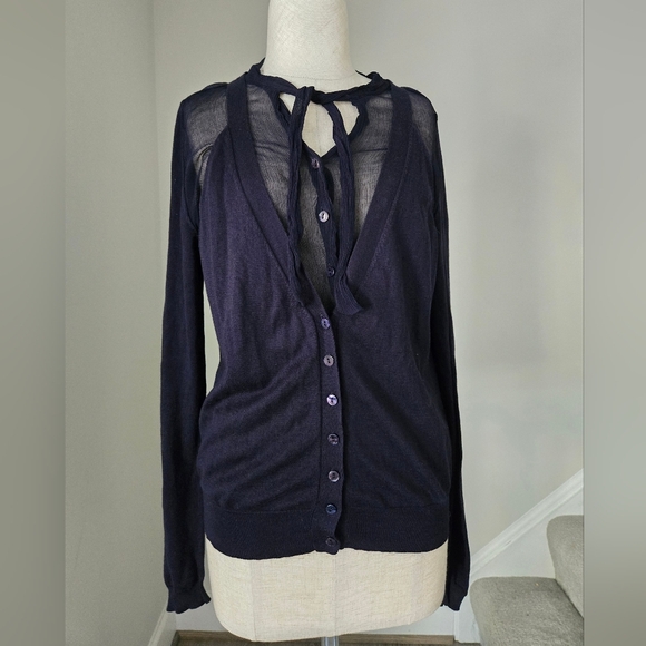 IBlues Navy Sheer Silk Cashmere Button-Up Cardigan Size L - Picture 1 of 6